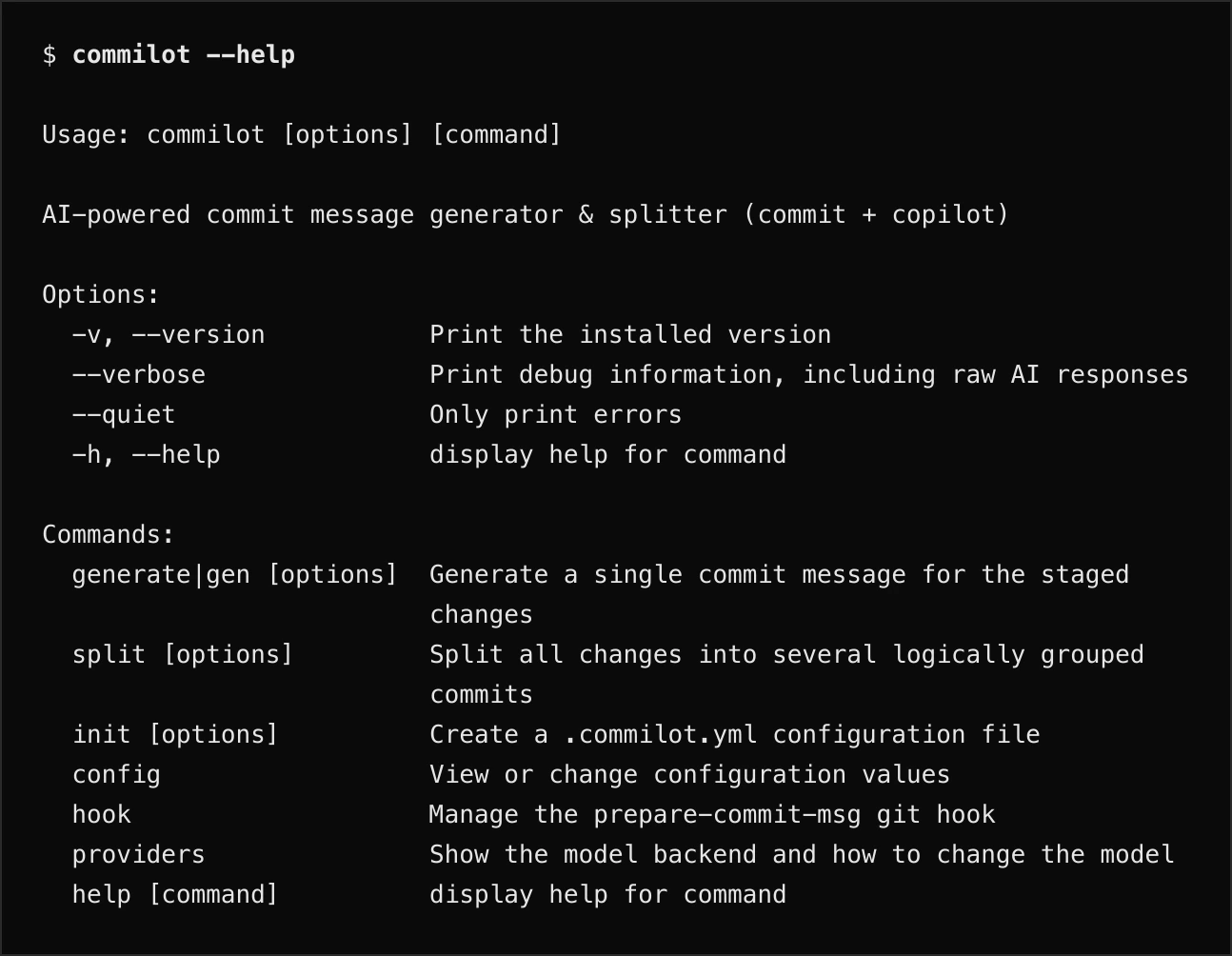 Terminal running commilot --help: the generate, split, init, config, hook and providers commands with their descriptions.