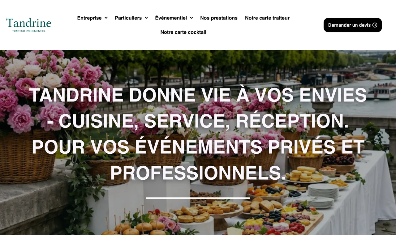 Tandrine home page: a menu across corporate, private and event catering over a photo of a buffet by the Seine, with a quote request button.