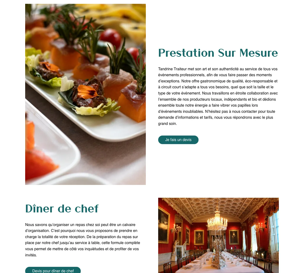 Services page: photographs alternating with text blocks, each service ending on its own quote button.
