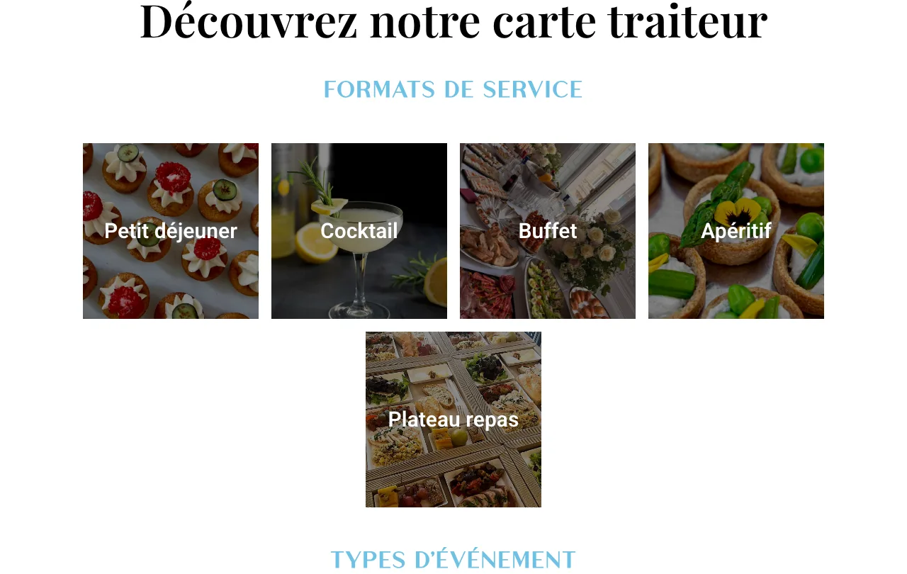 Catering menu page: service formats as image tiles, breakfast, cocktail, buffet, aperitif and meal tray.