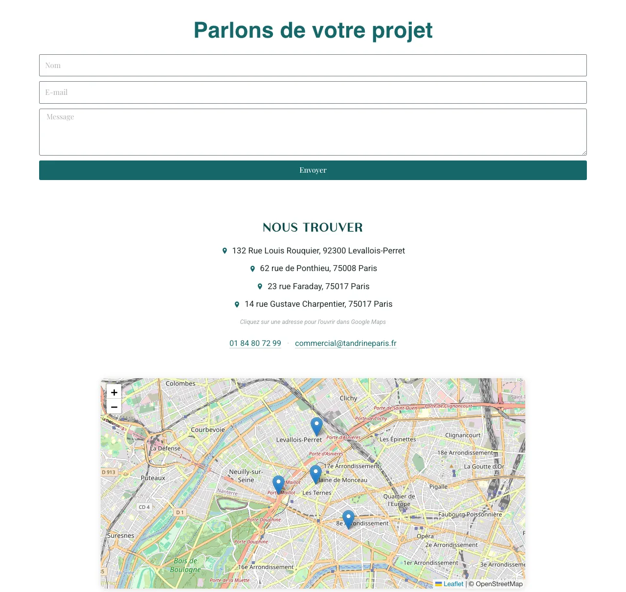 Contact page: the quote form, the four Paris addresses and the map locating them.