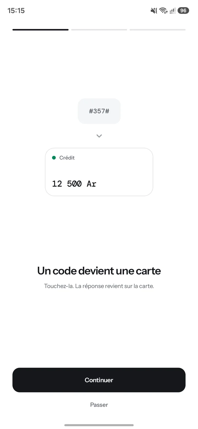 TeleCard welcome screen: the code #357# turns into a Crédit card showing 12 500 Ar.