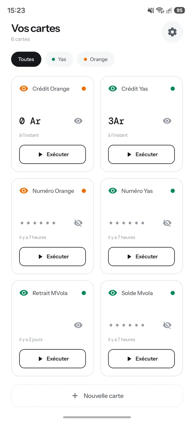 Dashboard with six cards across the Yas and Orange operators, filters by SIM, and hidden values.
