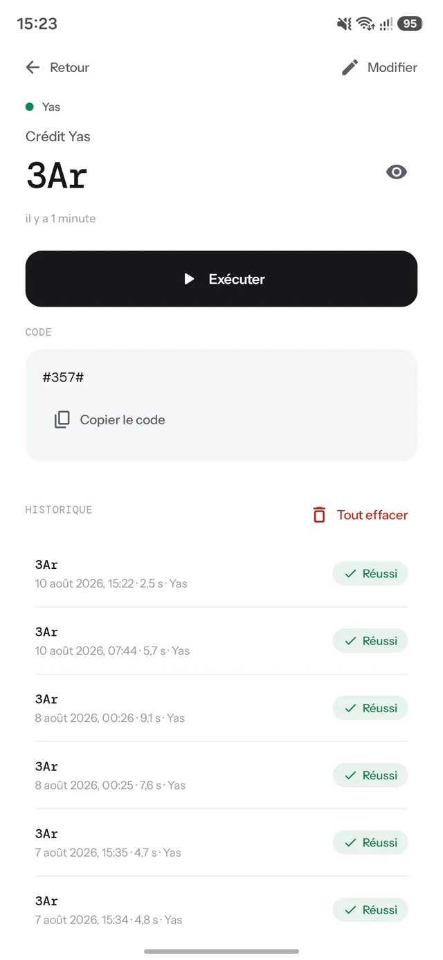 Card detail: current value, USSD code, Run button, and the history of successful runs.