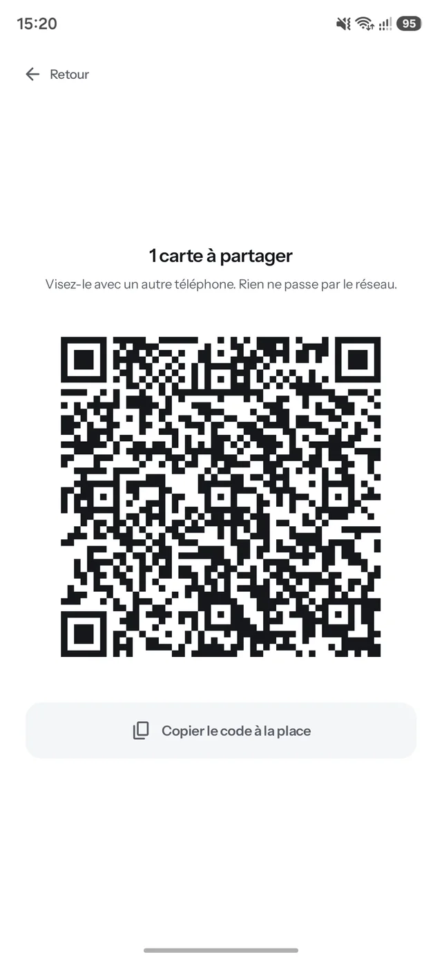 One card shared as a QR code shown on screen, with nothing going through the network.