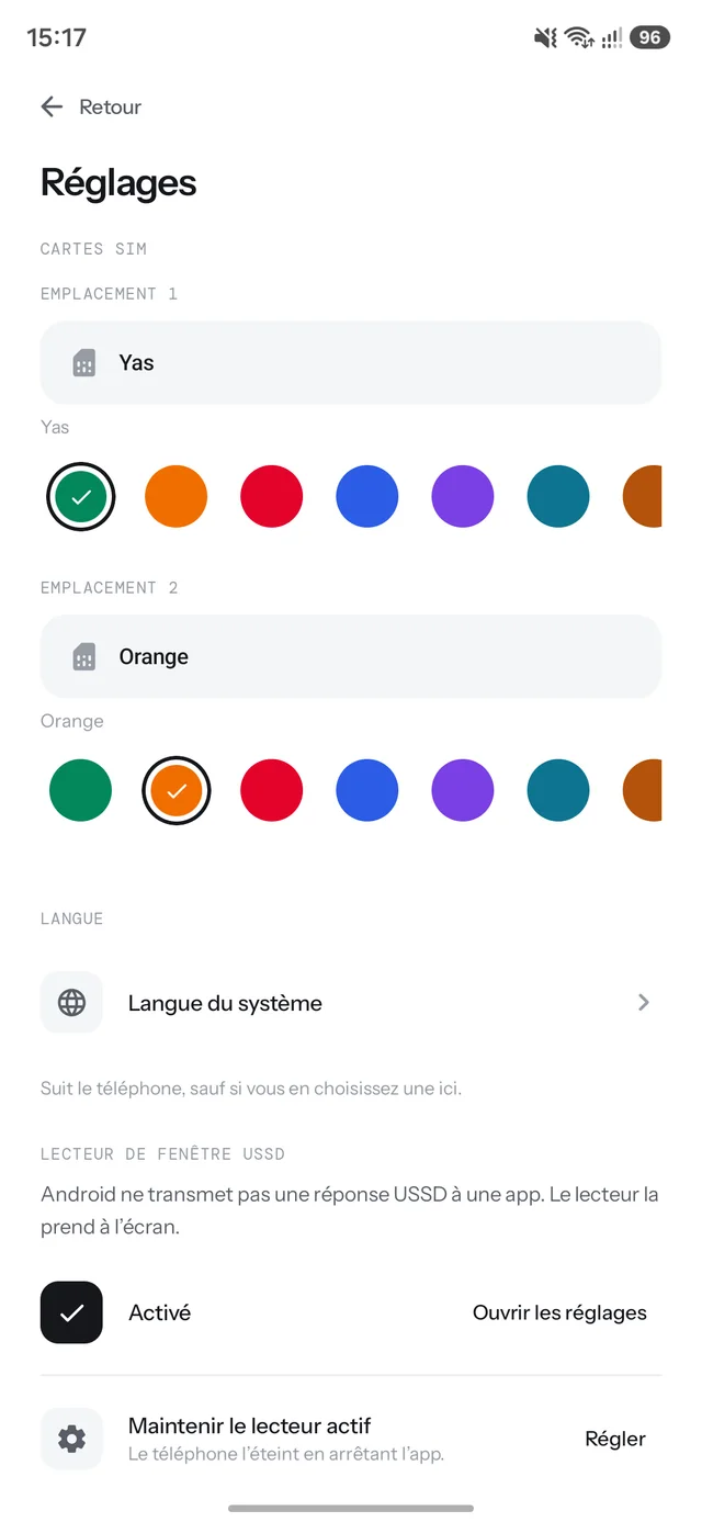 Settings: named and colour-coded SIMs, language choice, and the USSD window reader switched on.